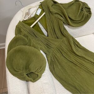 ASOS DESIGN Plisse Puff-Sleeve Olive Green Midi Dress